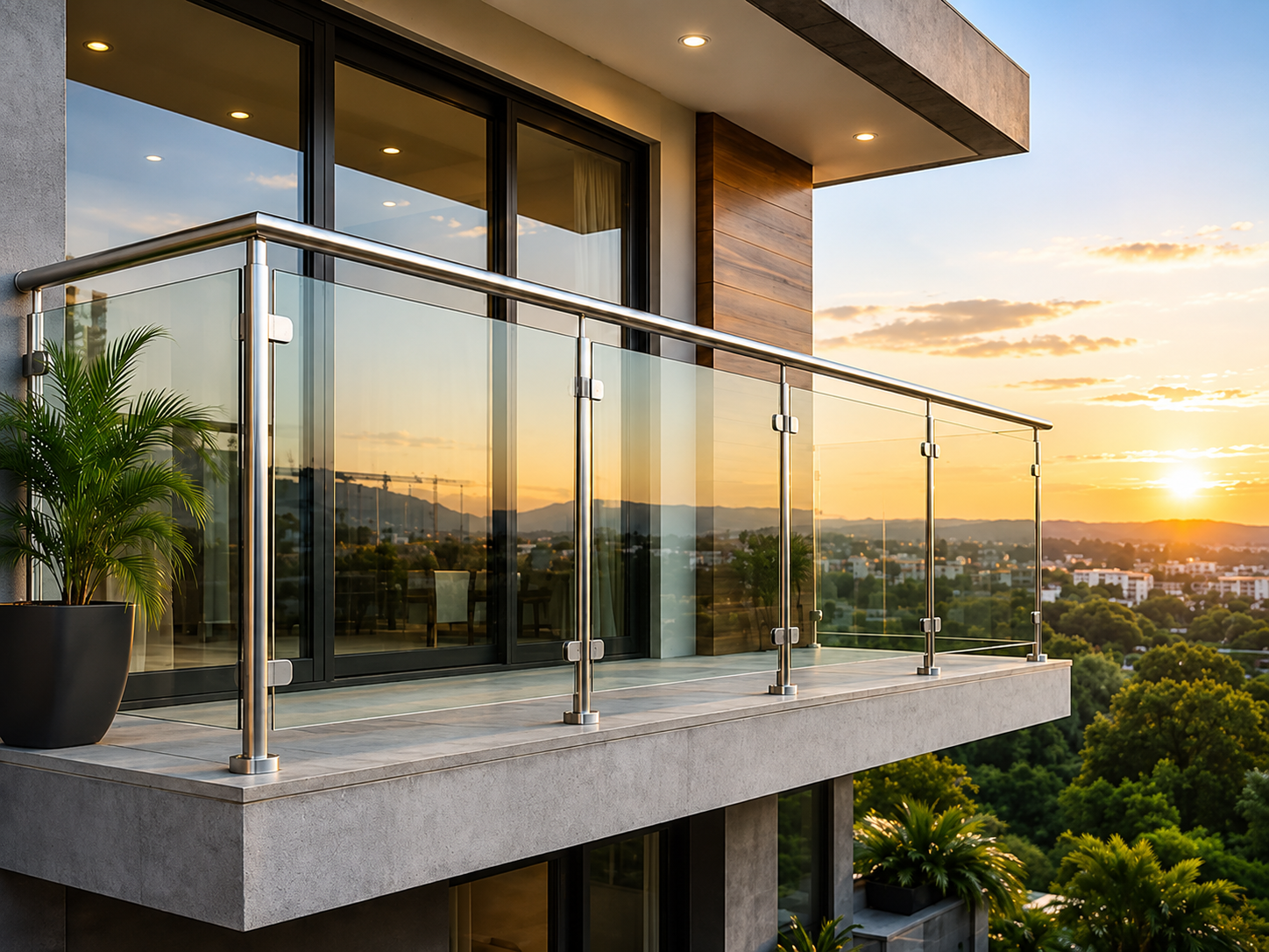 Modern terrace with frameless glass railing overlooking city